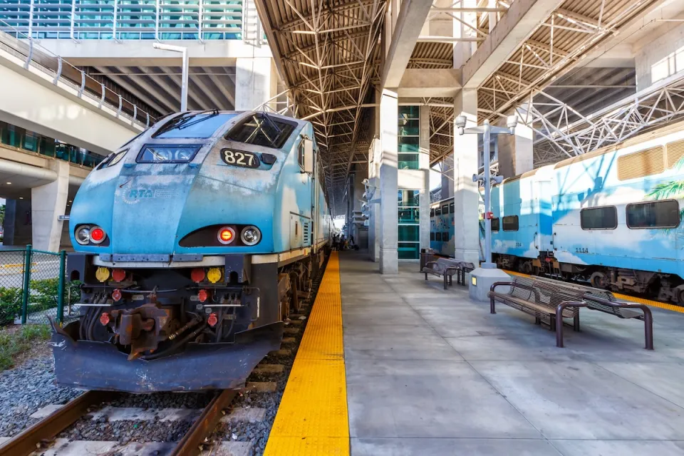 Blue Tri-Rail train at station at Miami International Airport in Miami, Florida.